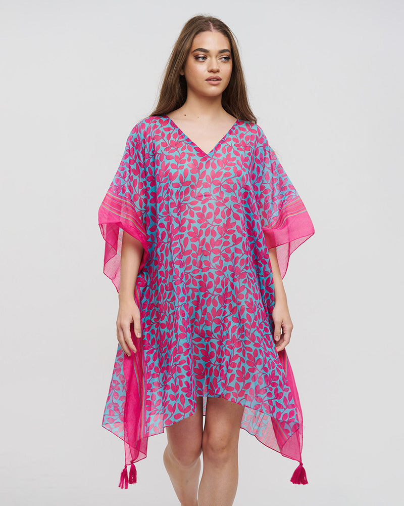 Pink-Blue Leaf Print Cotton Kaftan