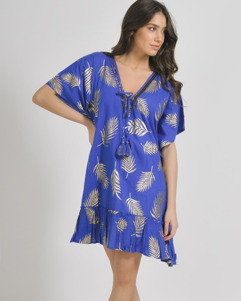 Royal Blue Gold-Print Cotton Kaftan