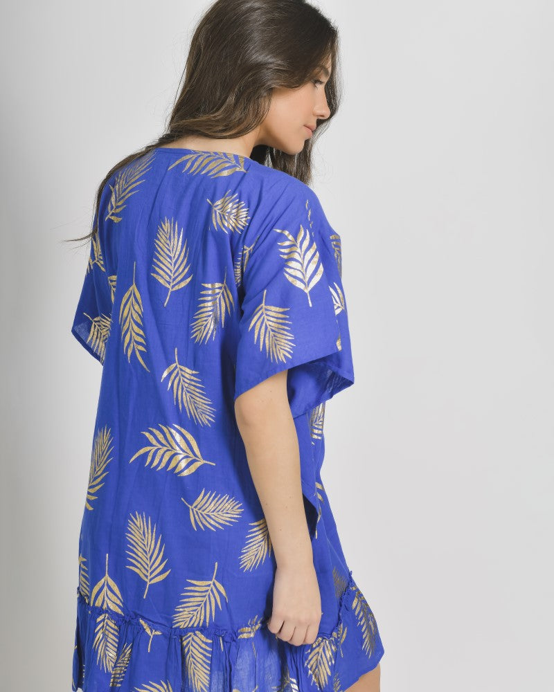 Royal Blue Gold-Print Cotton Kaftan