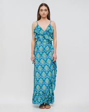 Teal Patterned Crepe Wrap Dress