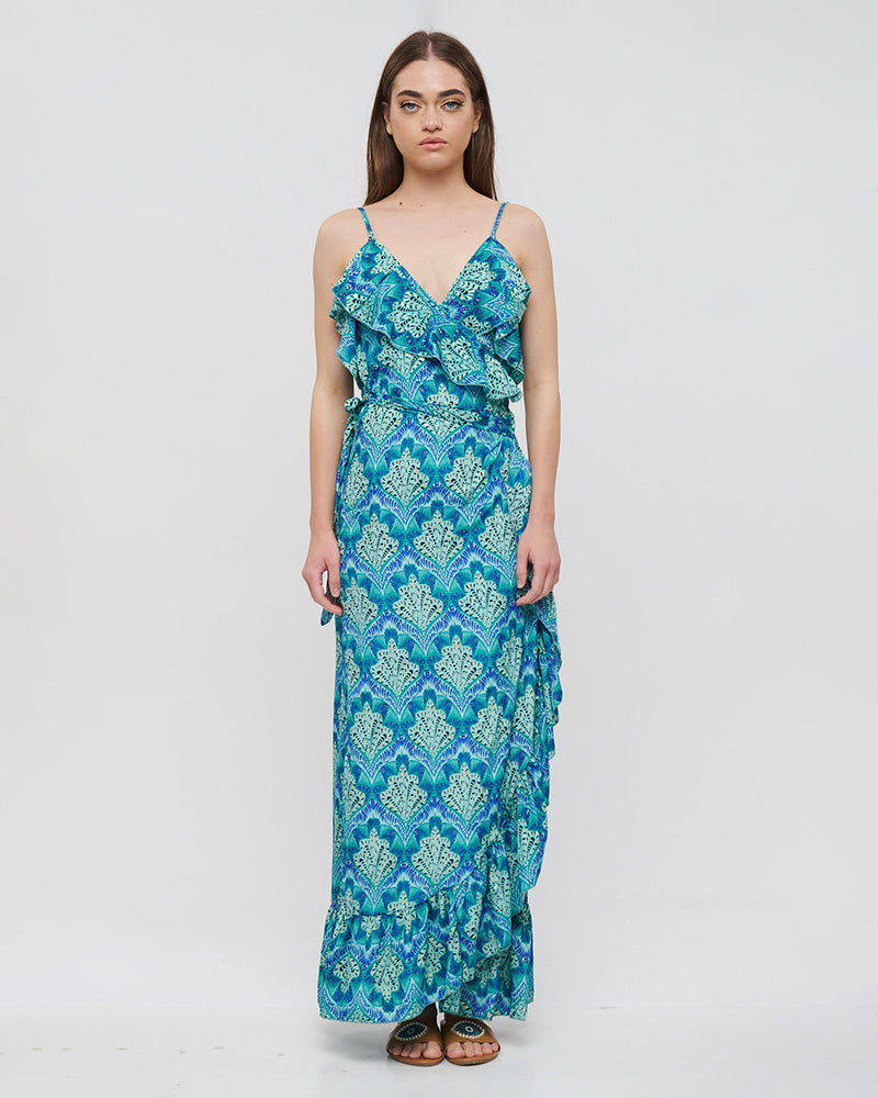 Teal Patterned Crepe Wrap Dress