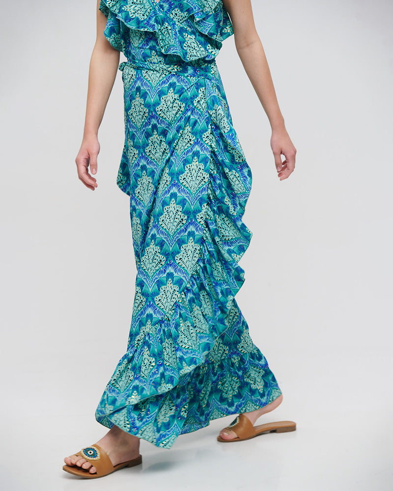 Teal Patterned Crepe Wrap Dress