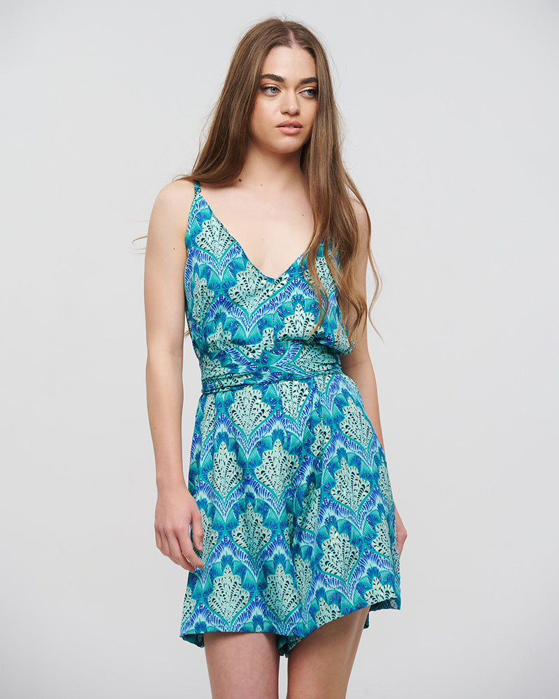 Teal Patterned Crepe Romper