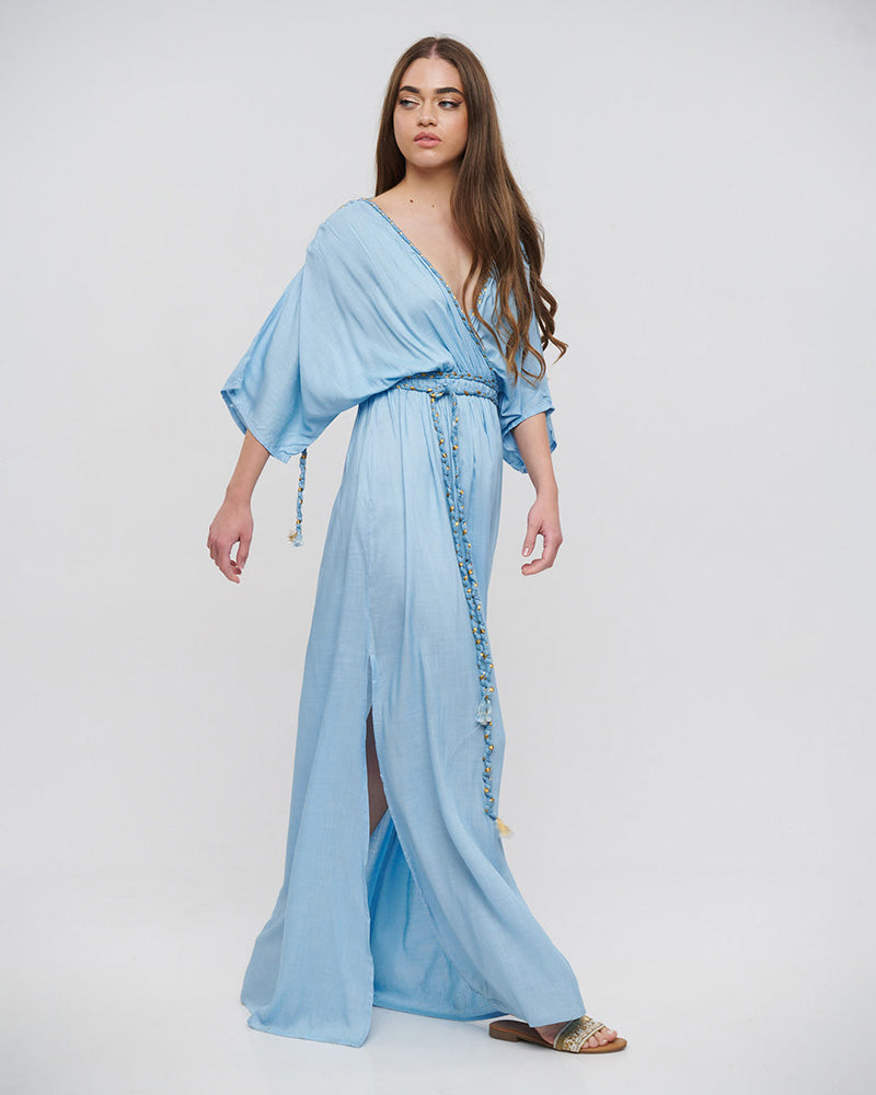 Blue Rayon Maxi Wrap Dress