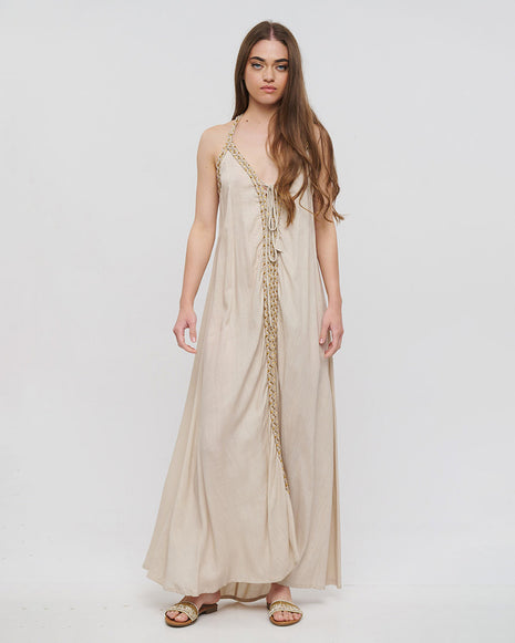 Maxi Halter Dress with Gold Braided Cords – Beige (One Size)