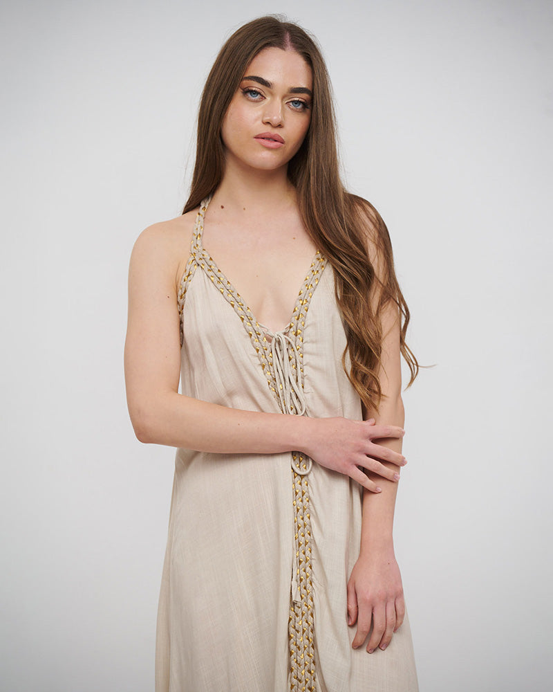 Maxi Halter Dress with Gold Braided Cords – Beige (One Size)