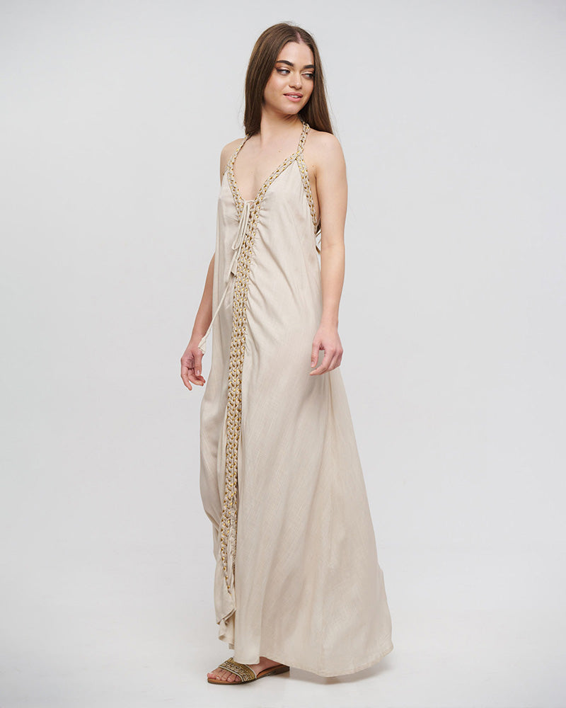 Maxi Halter Dress with Gold Braided Cords – Beige (One Size)