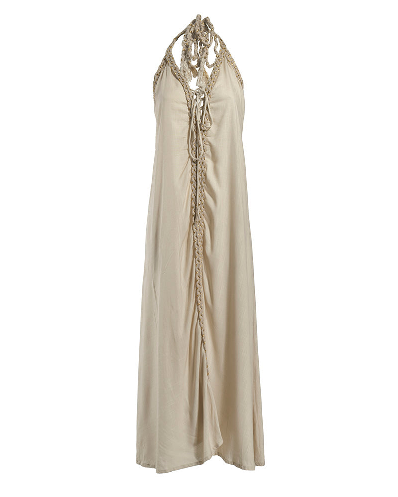 Maxi Halter Dress with Gold Braided Cords – Beige (One Size)