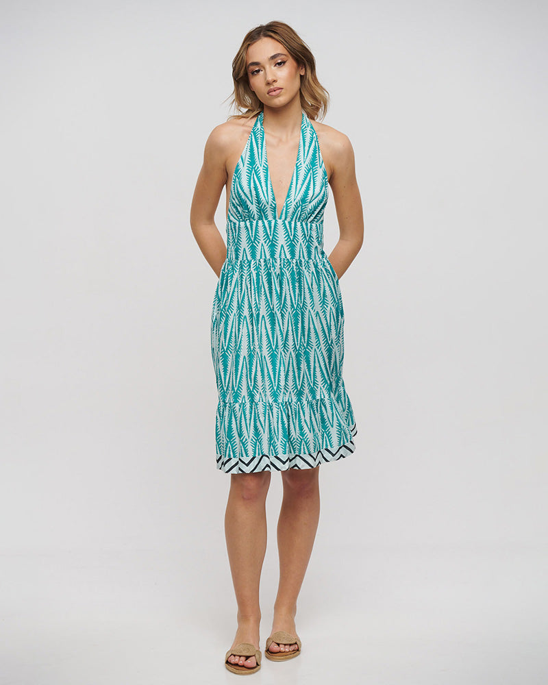 Halter Neck Cotton Dress – Green Leaf Print