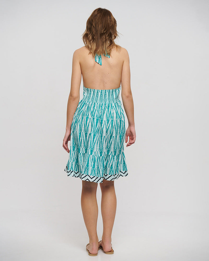 Halter Neck Cotton Dress – Green Leaf Print