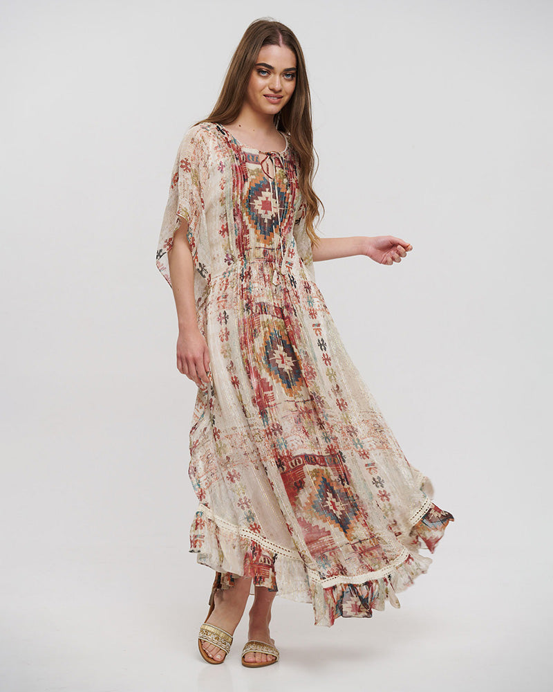 Boho Kaftan Dress – Pink/White