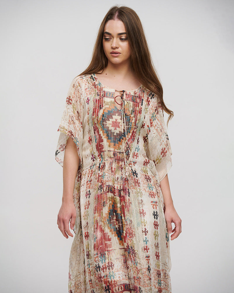 Boho Kaftan Dress – Pink/White