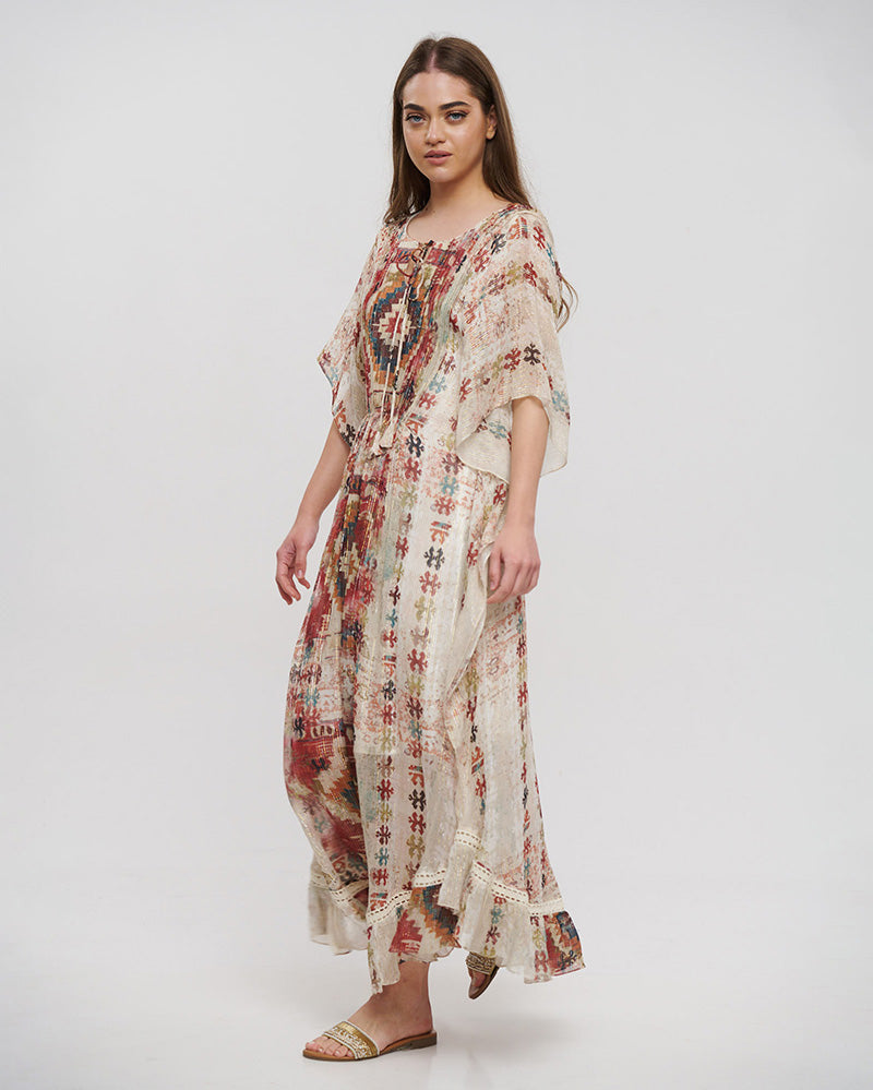 Boho Kaftan Dress – Pink/White
