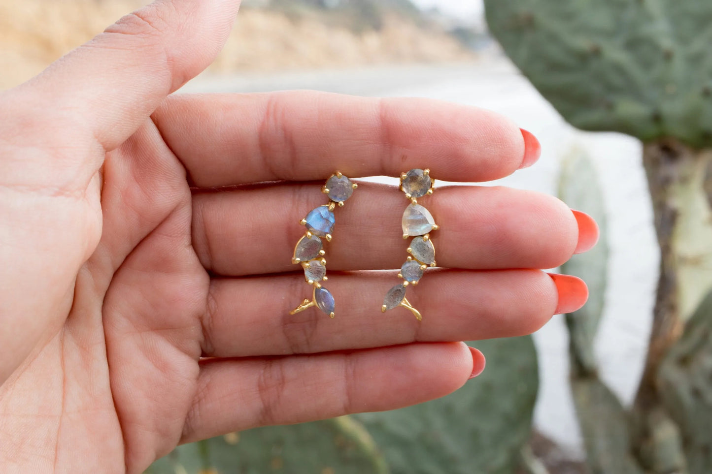 Rainbow Labradorite Ear Climber Earrings | 18K Gold Plated Sterling Silver Earrings