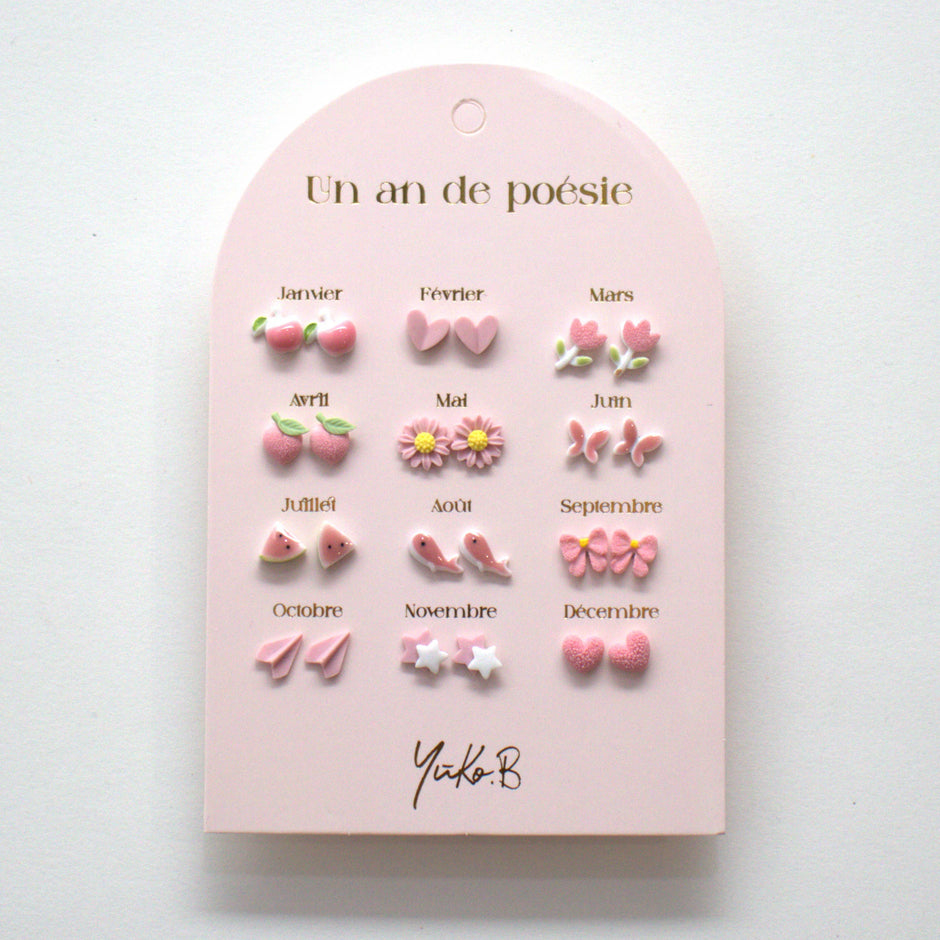 Yuko-B Kids Ceramic Stud Earrings Set – Pink Motifs (12 Pairs)