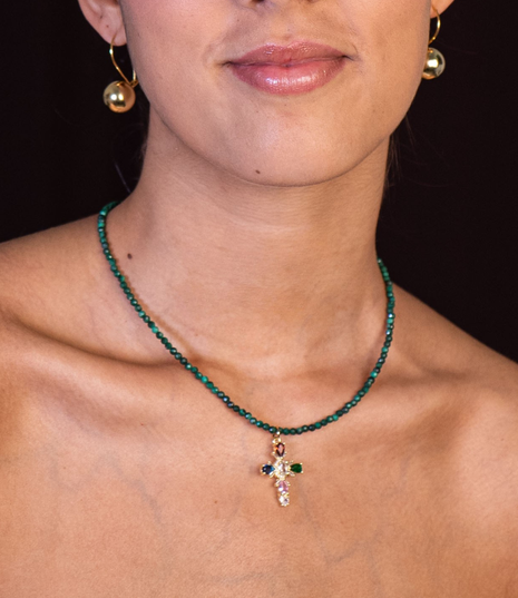 Faceted Malachite Choker | 18K Gold-Plated Multicolored Zircon Cross