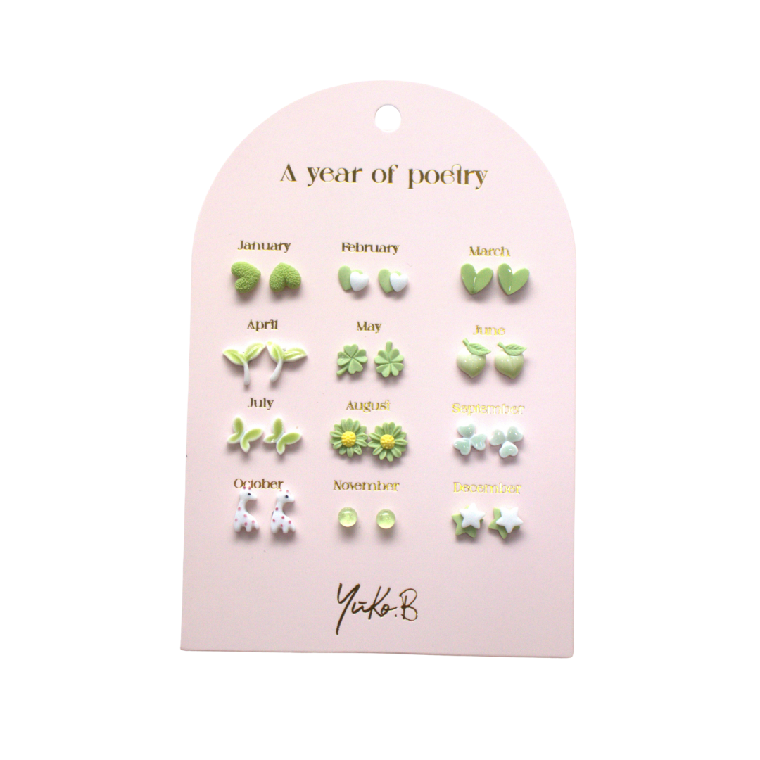 A Year of Green Poetry – 12-Pair Ceramic Earrings in Nature-Inspired Tones (Nickel-Free)