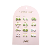 A Year of Green Poetry – 12-Pair Ceramic Earrings in Nature-Inspired Tones (Nickel-Free)