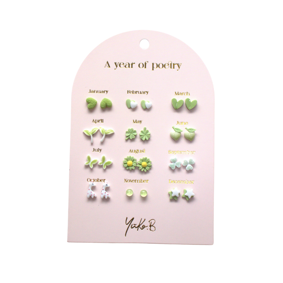 Kids Stud Earrings Set with Green & White Ceramic Motifs in Stainless Steel