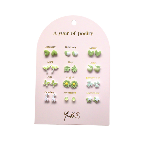 Kids Stud Earrings Set with Green & White Ceramic Motifs in Stainless Steel