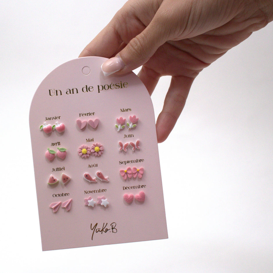 Yuko-B Kids Ceramic Stud Earrings Set – Pink Motifs (12 Pairs)
