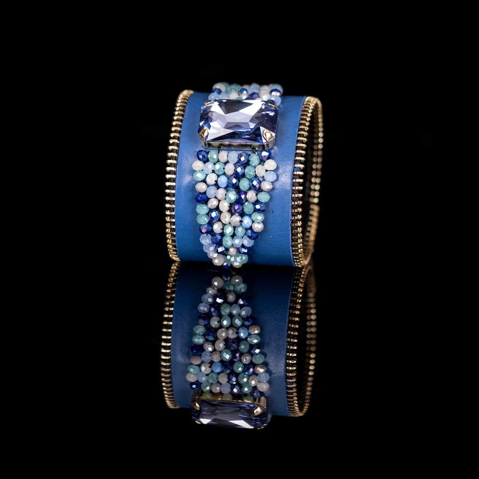 Azure Cascade Crystal Leather Cuff – One of a Kind
