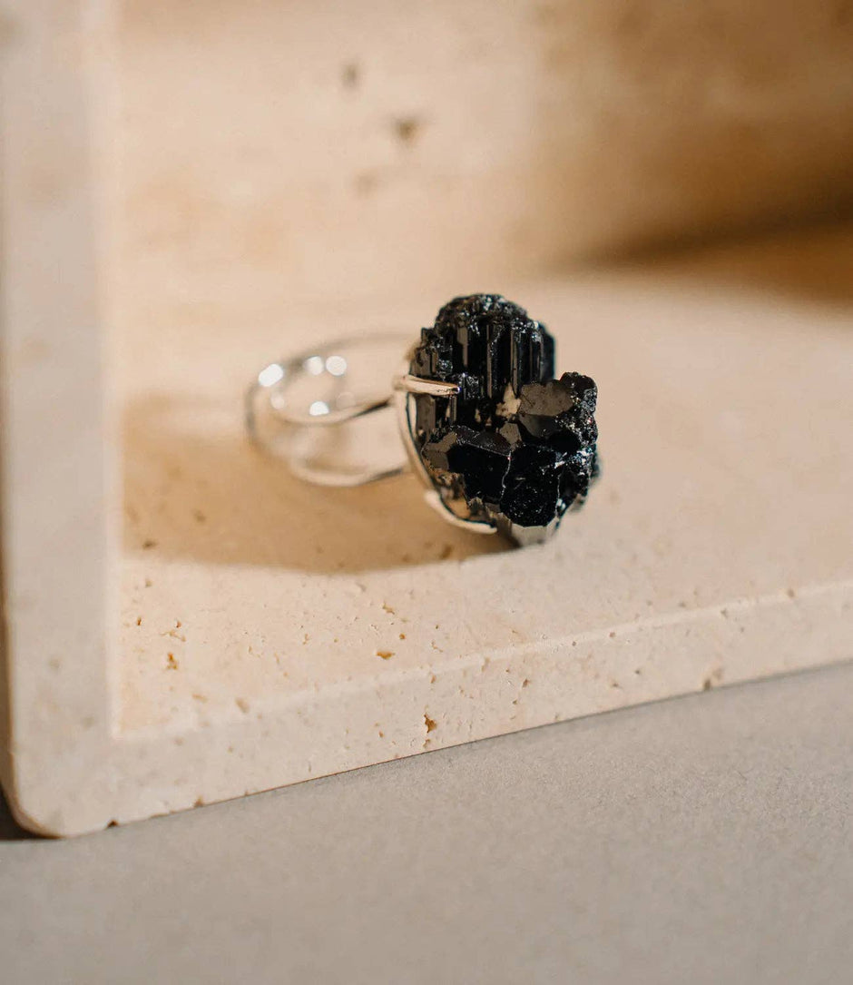 Natural Raw Black Tourmaline Adjustable Ring | Gold or Silver Plated