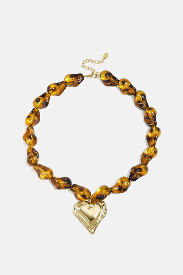 Natural Form Bead and Heart Necklace in light brown