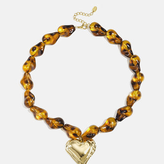 Natural Form Bead and Heart Necklace in light brown