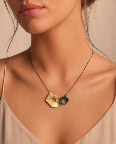 Sculptural Silver Necklace with Gold & Black Plating