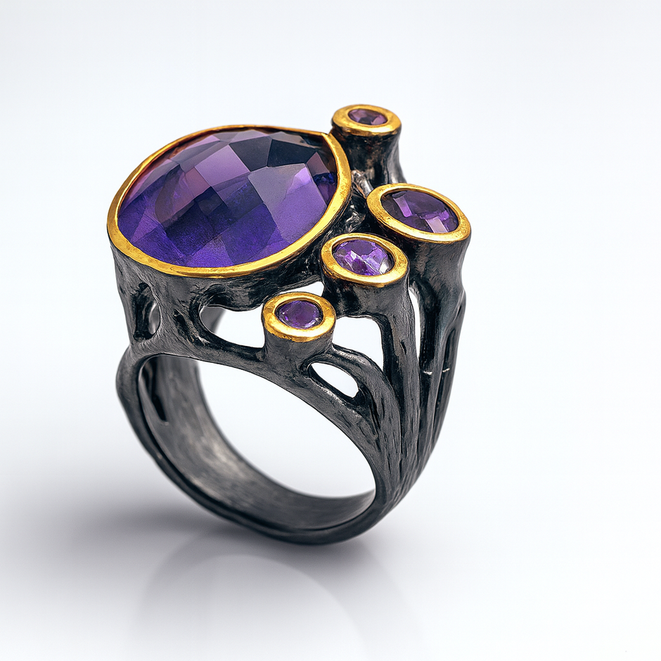 Sterling Silver Ring with Amethyst and Black Rhodium Accents