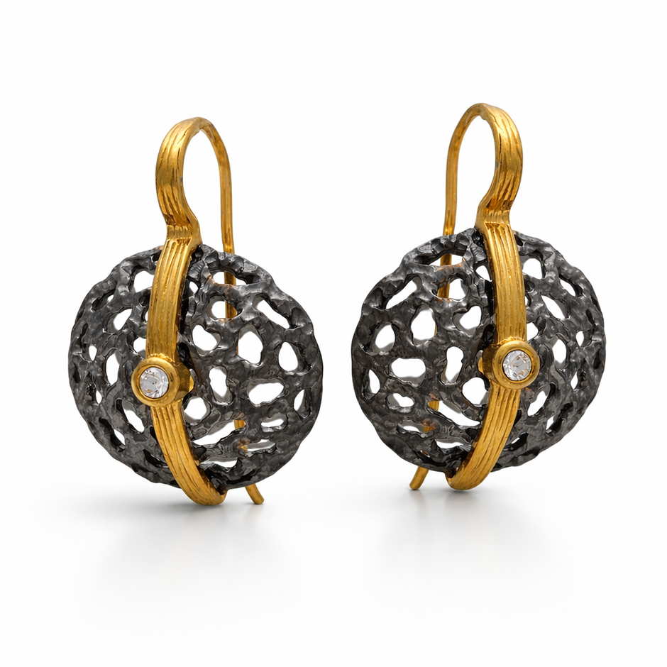 Sterling Silver Earrings with Black and Gold Plating and Zirco