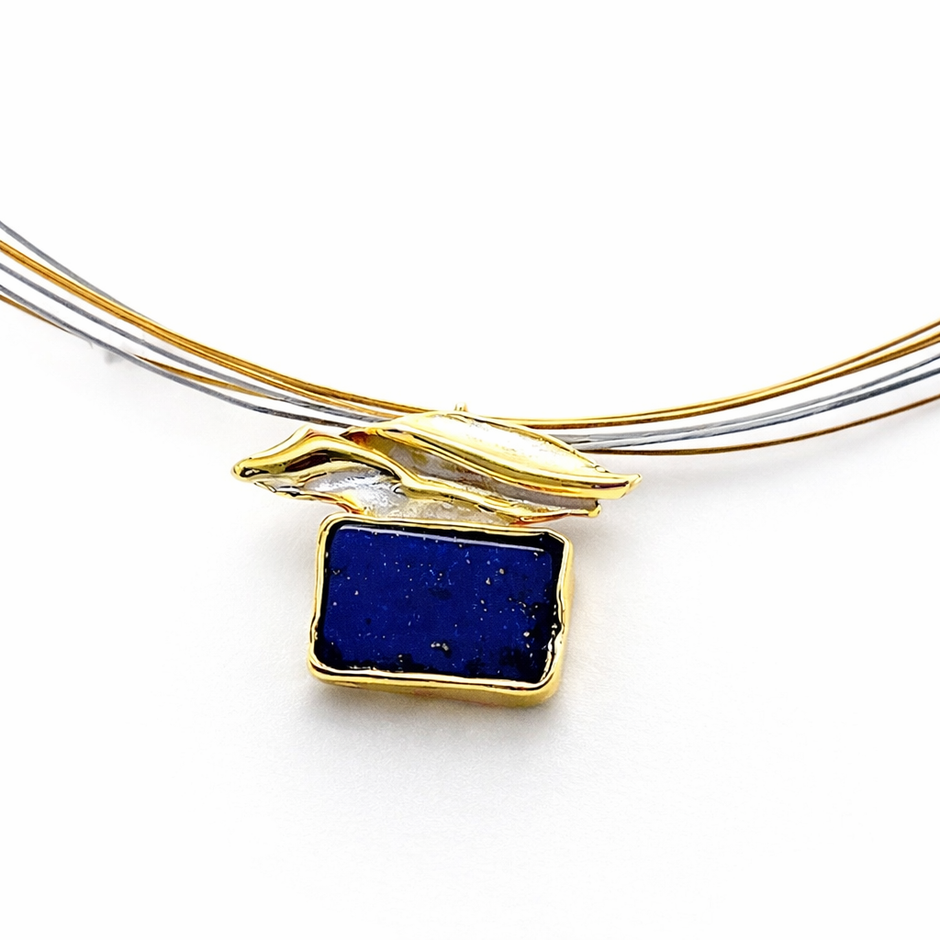 Lapis Lazuli & Pearl Silver Necklace with Gold Plating 25cm