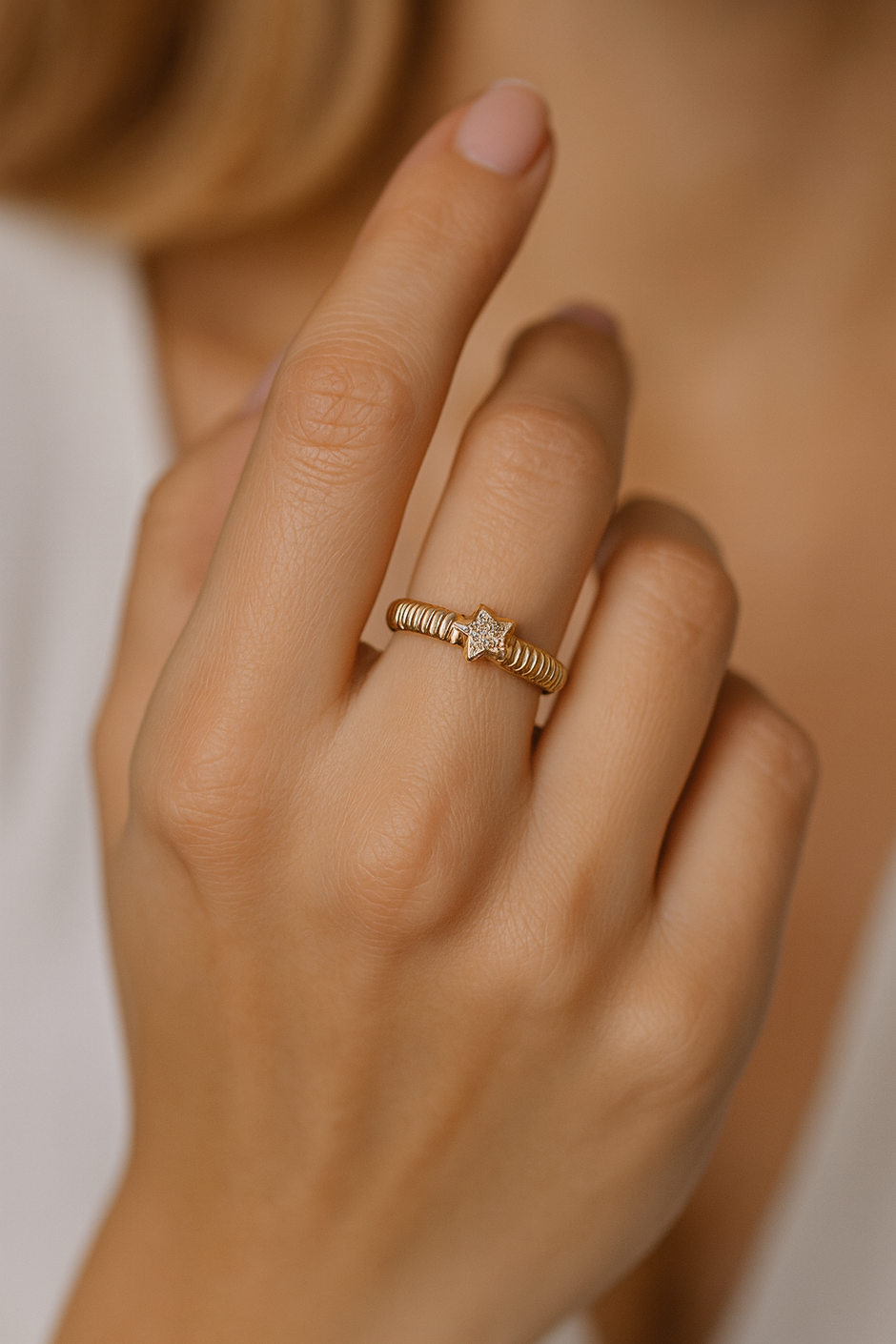 Gold-Plated Sterling Silver Adjustable Star Ring with Zircon