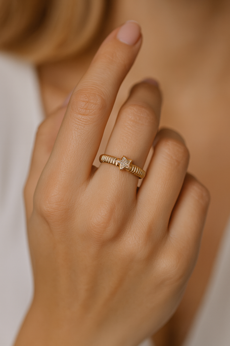 Gold-Plated Sterling Silver Adjustable Star Ring with Zircon