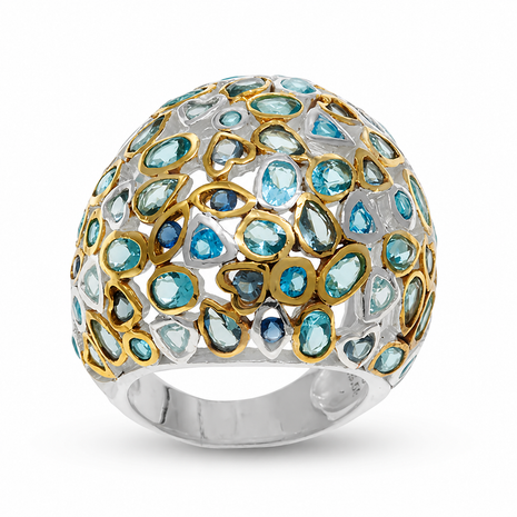 Multi Blue Topaz Silver 925 Ring with Gold Plating