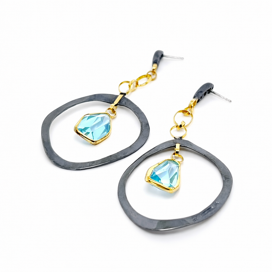 Sculptural Silver and Gold-Toned Earrings with Aquamarine