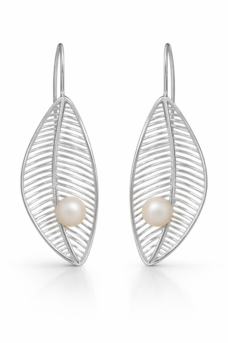Sterling Silver Leaf Drop Earrings with Natural Pearls