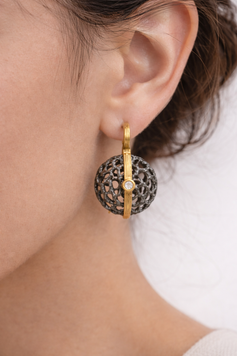 Sterling Silver Earrings with Black and Gold Plating and Zirco