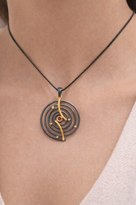 Sterling Silver Spiral Necklace with Black Rhodium, Gold Plating and Red Garnet
