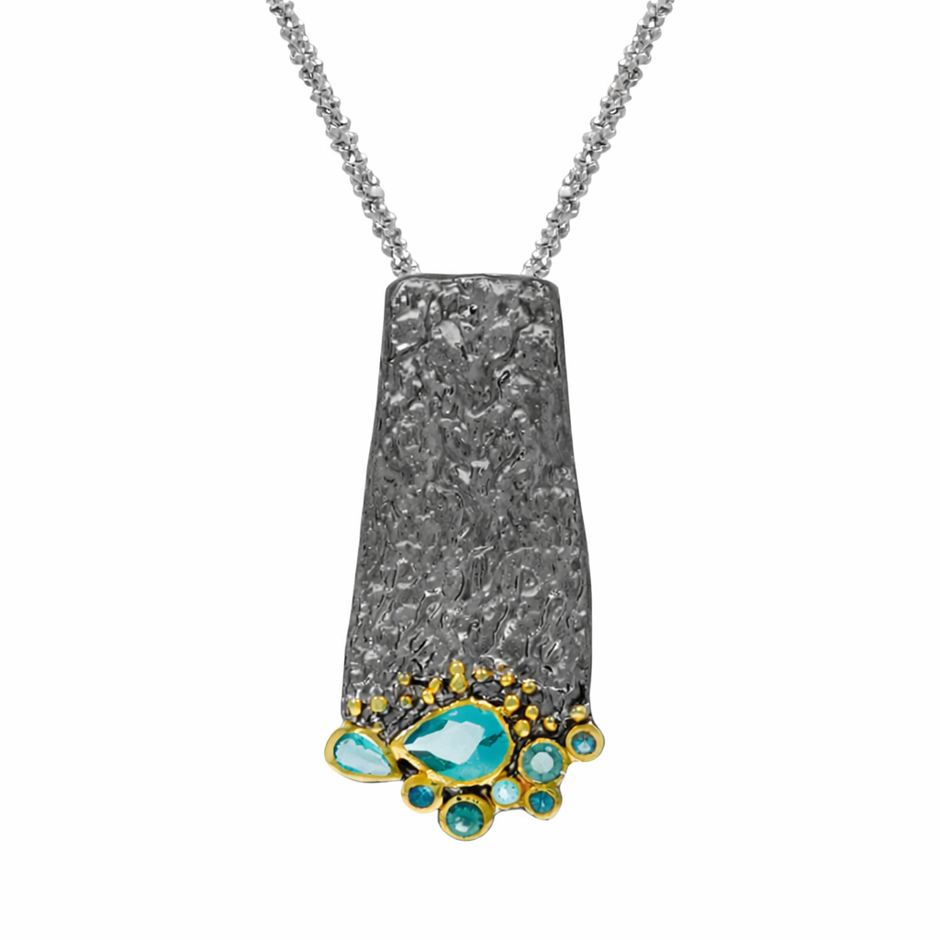 Sterling Silver Necklace with Black and Gold Plating and Blue Topaz
