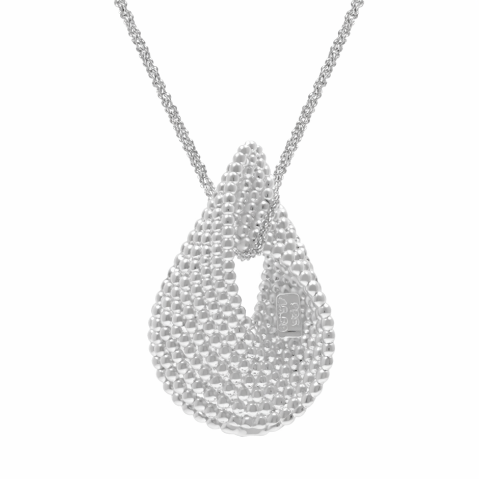 Silver teardrop-shaped pendant on a chain against a white background