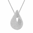 Silver teardrop-shaped pendant on a chain against a white background
