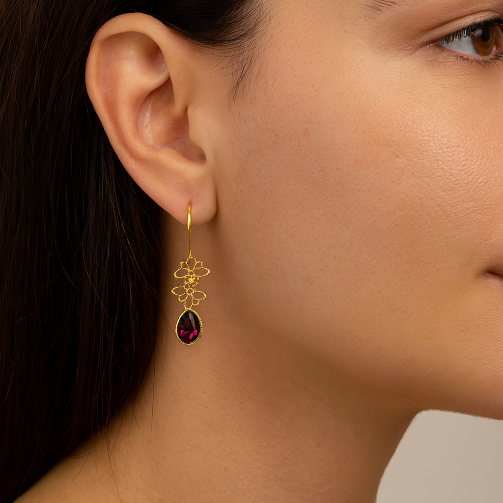 Liana Earrings – Brass with Amethyst Crystal Drops – Handmade in Greece