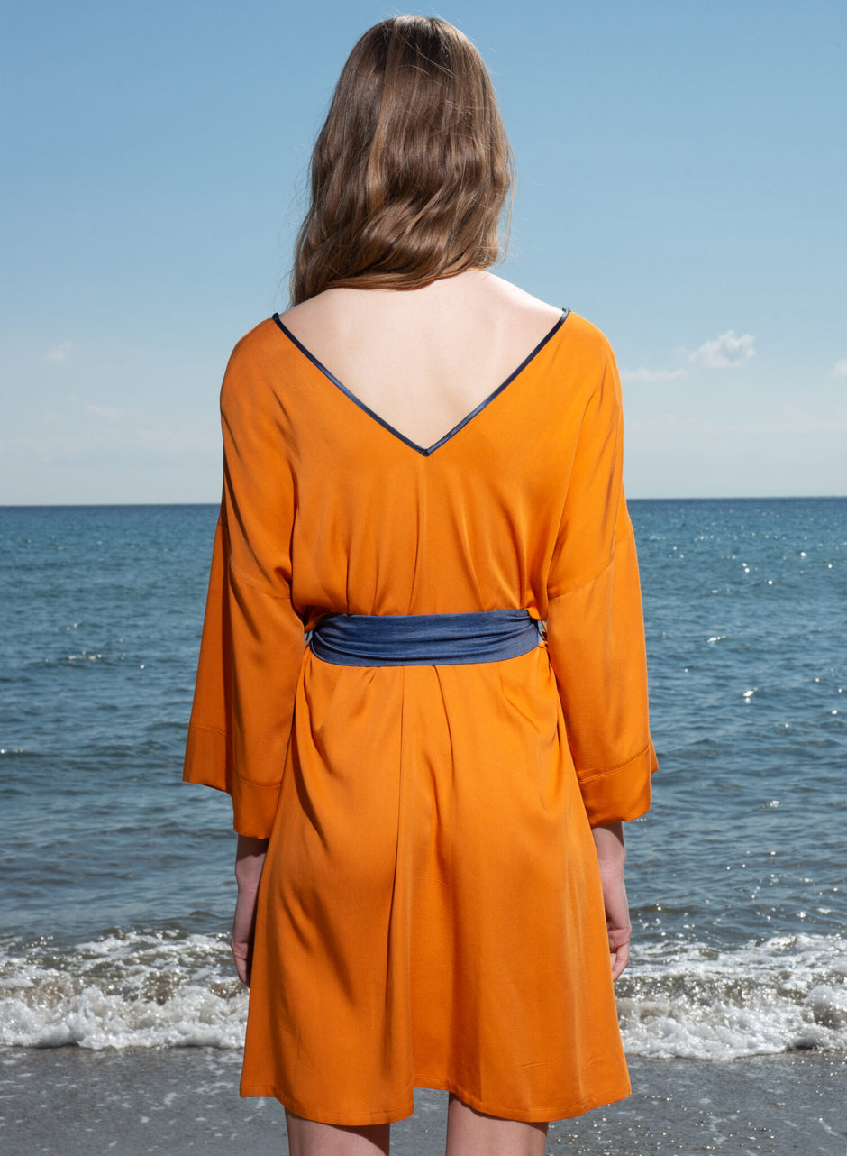 ARKOI Orange Short Dress with Detachable Denim Belt