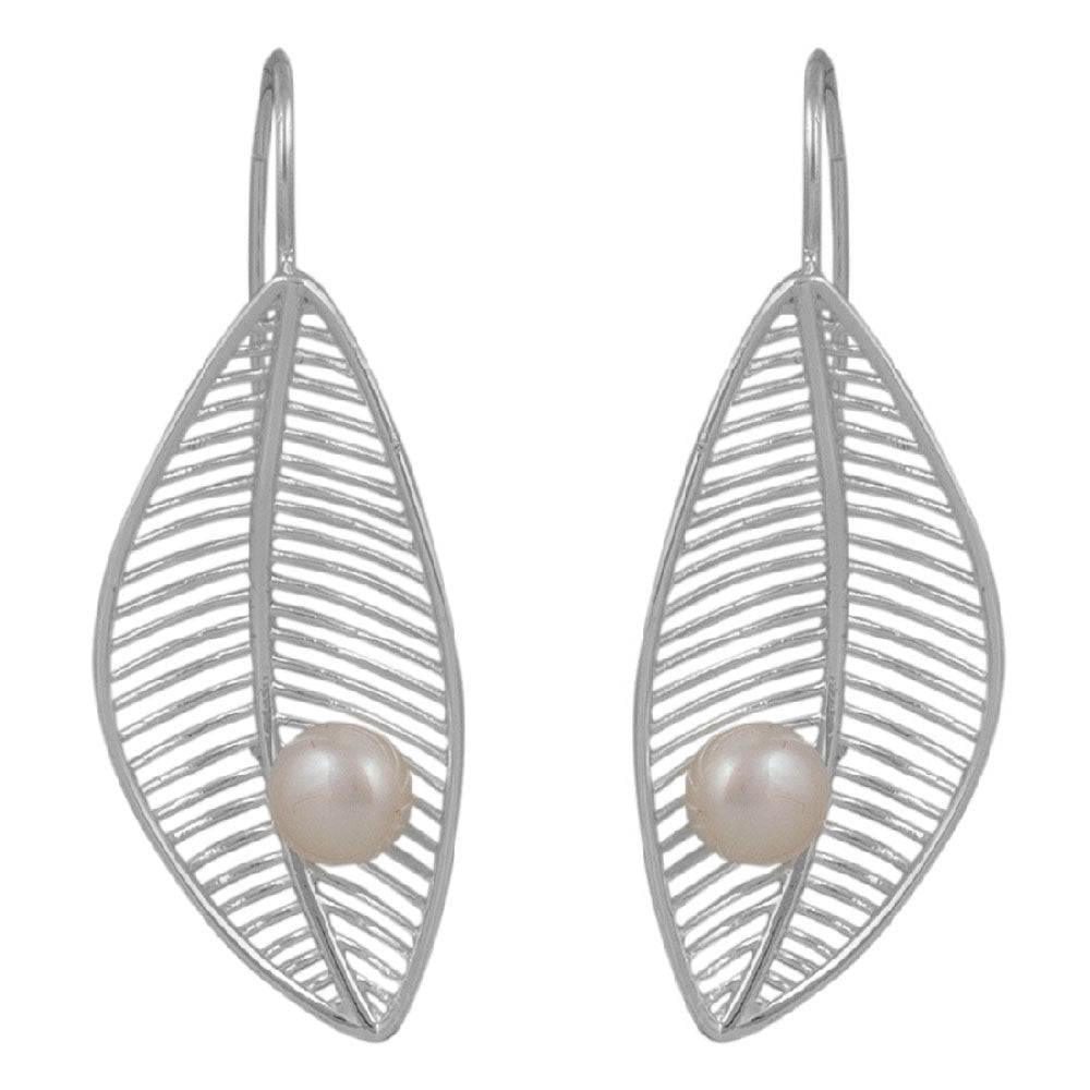 Handmade 925 Sterling Silver Drop Leaf Earrings with Pearls