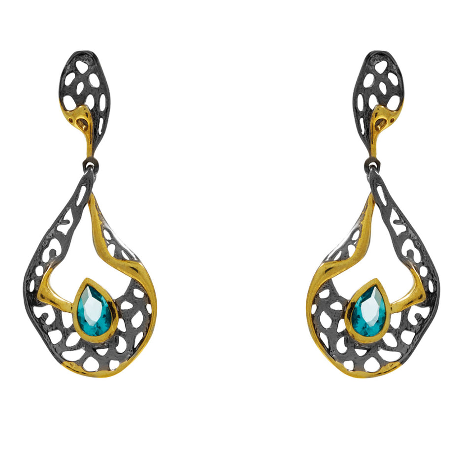 Sterling silver openwork teardrop earrings with Swiss Blue Topaz, handmade in Greece
