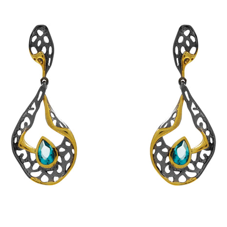 Sterling silver openwork teardrop earrings with Swiss Blue Topaz, handmade in Greece
