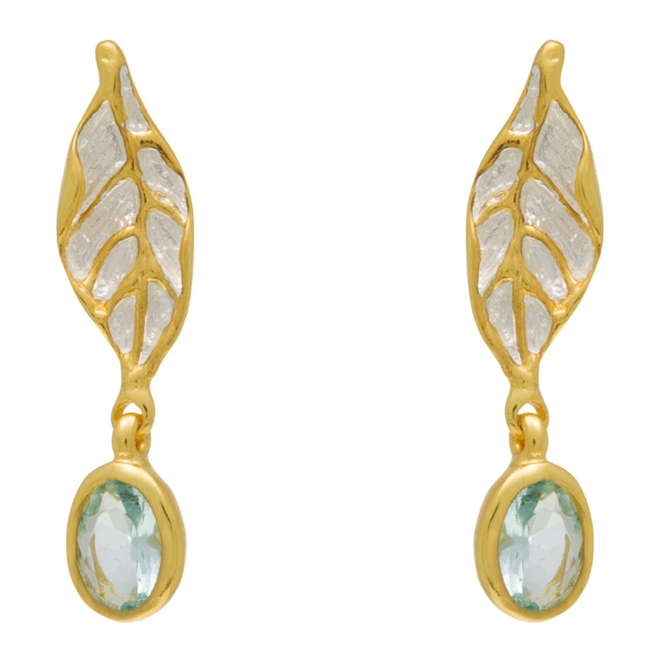 Sterling Silver Leaf Earrings with Swiss Blue Topaz
