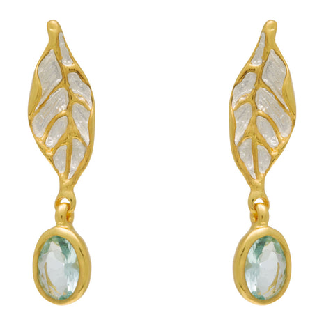 Sterling Silver Leaf Earrings with Swiss Blue Topaz